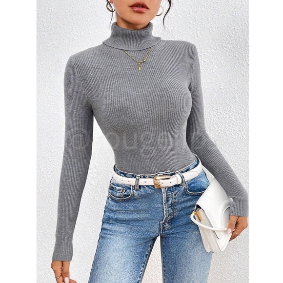 Gray Sweater Top Rib-Knit High Neck, Turtleneck  Long Sleeve Slim Fit - Picture 6 of 8